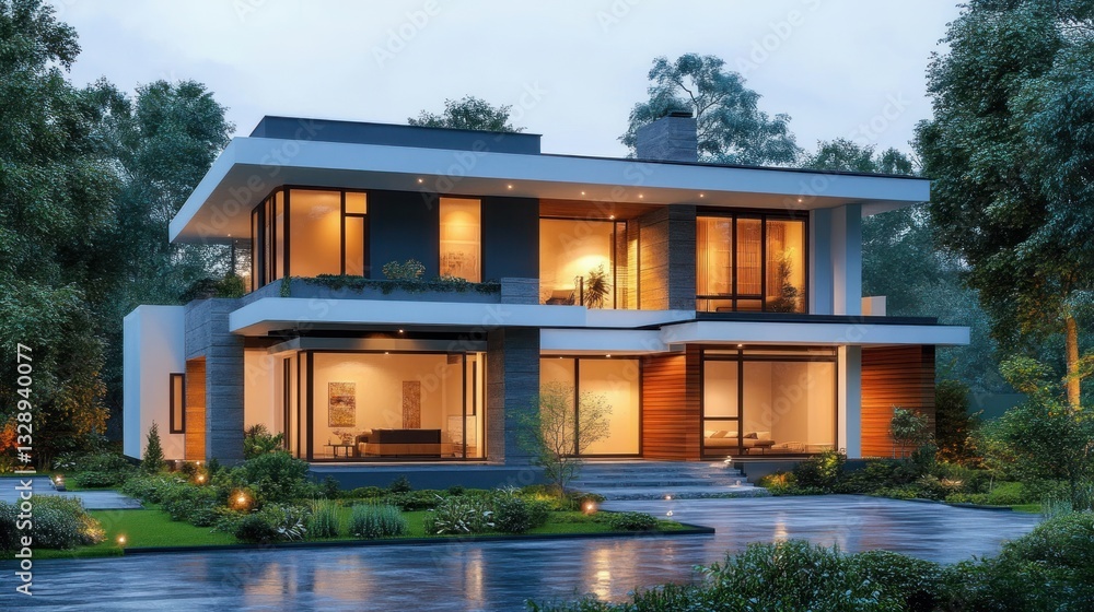 Fototapeta premium Modern Minimalist Two-Story House Surrounded by Lush Greenery in Soft Evening Light