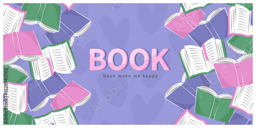 Banner for bookstore, festival, market, bookshop or library. Background with collection of different books. Vector illustration for poster, cover, marketing, sale.