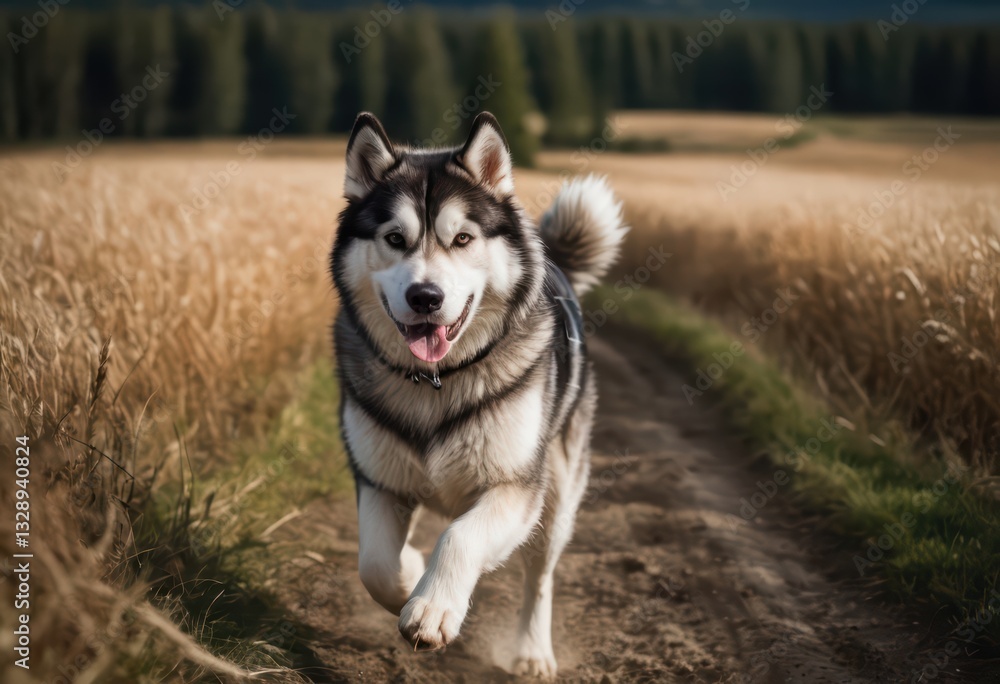 alaskan malamute dog running on countryside alaskan malamute dog running on countryside