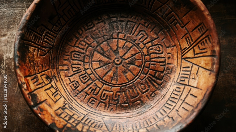 Obraz premium a richly decorated terracotta plate with bold tribal patterns, its earthy tones and precise engravings showcasing the artistic legacy of an ancient culture. 