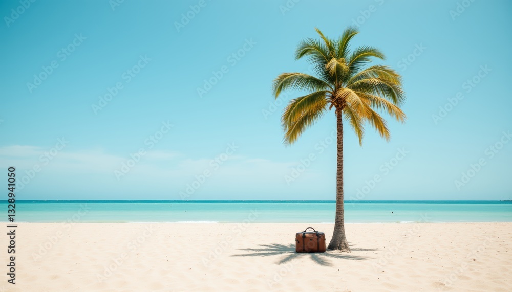 Obraz premium Tranquil Beach Scene with Palm Tree and Vintage Suitcase Under Clear Blue Sky