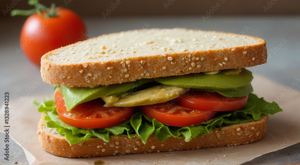 Artisanal sandwich: A mouthwatering close-up of a freshly made sandwich, showcasing layers of vibrant vegetables and wholesome bread, perfect for a satisfying meal. Artisanal sandwich: A mouthwatering close-up of a freshly made sandwich, showcasing layers of vibrant vegetables and wholesome bread, perfect for a satisfying meal.