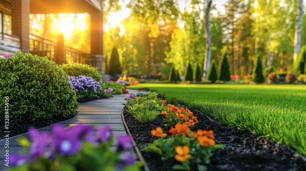 Fototapeta premium Explore the Serenity of a Beautifully Maintained Backyard Featuring Lush Green Plants and Vibrant Flowers for Your Next Garden Inspiration