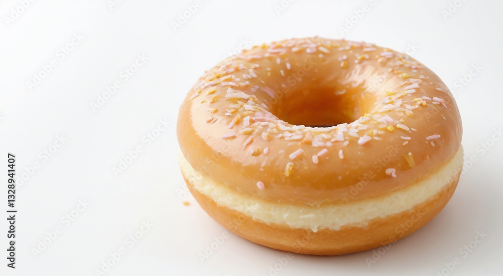 Irresistible Glazed Donut: A close-up shot of a single, delectable glazed donut, glistening with a sweet coating and sprinkled with colorful confectionery. Irresistible Glazed Donut: A close-up shot of a single, delectable glazed donut, glistening with a sweet coating and sprinkled with colorful confectionery.