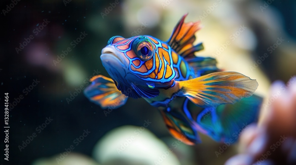 a stunning close-up of a rare Mandarin fish, its vibrant blue, orange, and green patterns illuminated by soft underwater light as it swims near a coral reef. a stunning close-up of a rare Mandarin fish, its vibrant blue, orange, and green patterns illuminated by soft underwater light as it swims near a coral reef.
