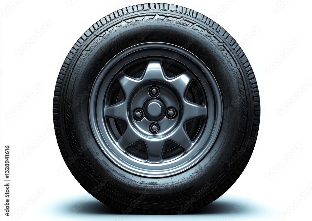 Obraz premium Hyper-Realistic Car Tire Closeup in Studio Lighting with Metallic Wheel and Subtle Wear