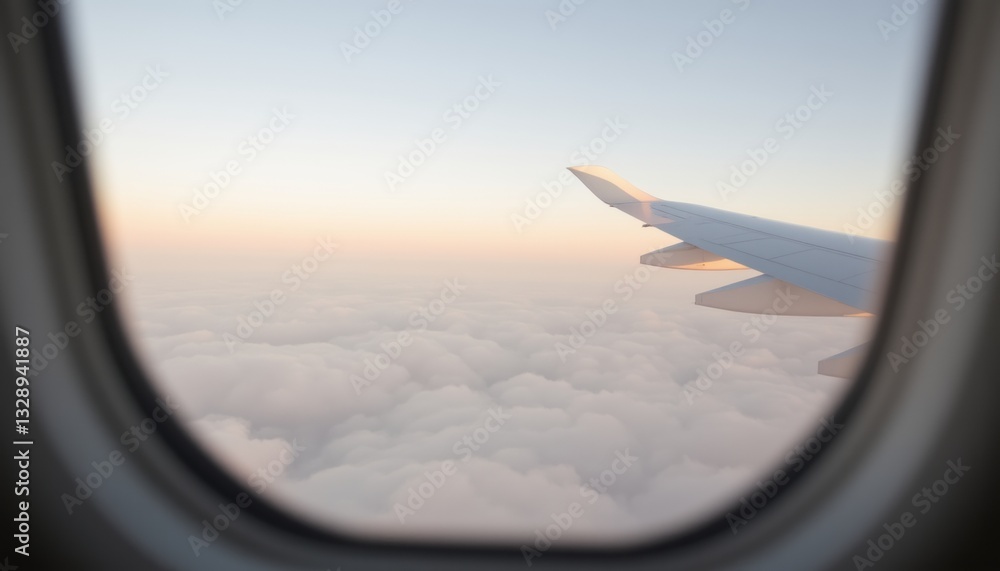 Airplane Wing View Over Clouds During Sunset From Window Seat in Flight Airplane Wing View Over Clouds During Sunset From Window Seat in Flight