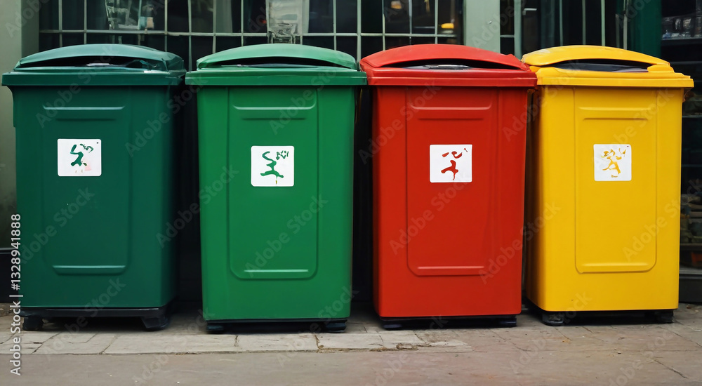 Colorful Containers: An eye-level shot showcases a series of vibrant recycling bins aligned neatly against a muted cityscape background. The containers, in hues of green, red, and yellow. Colorful Containers: An eye-level shot showcases a series of vibrant recycling bins aligned neatly against a muted cityscape background. The containers, in hues of green, red, and yellow.