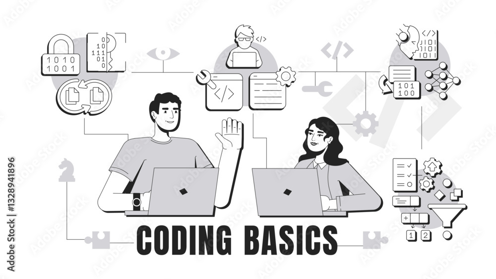 Fototapeta premium Coding basics banner conceptual illustration. Software development, programming. Artificial intelligence, open source. Abstract idea with stylized characters, outline icons. Monochrome vector