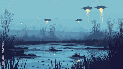 Digital painting depicting a serene marshland landscape at twilight or dawn under a dusky blue sky. Several unidentified flying objects (UFOs) hover above the scene, emitting beams of light.  The