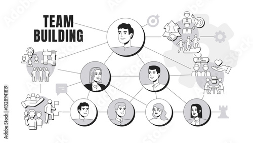 Team building banner conceptual illustration. Teamwork and collaboration. Communication, brainstorm. Leadership, support. Abstract idea with stylized characters, outline icons. Monochrome vector