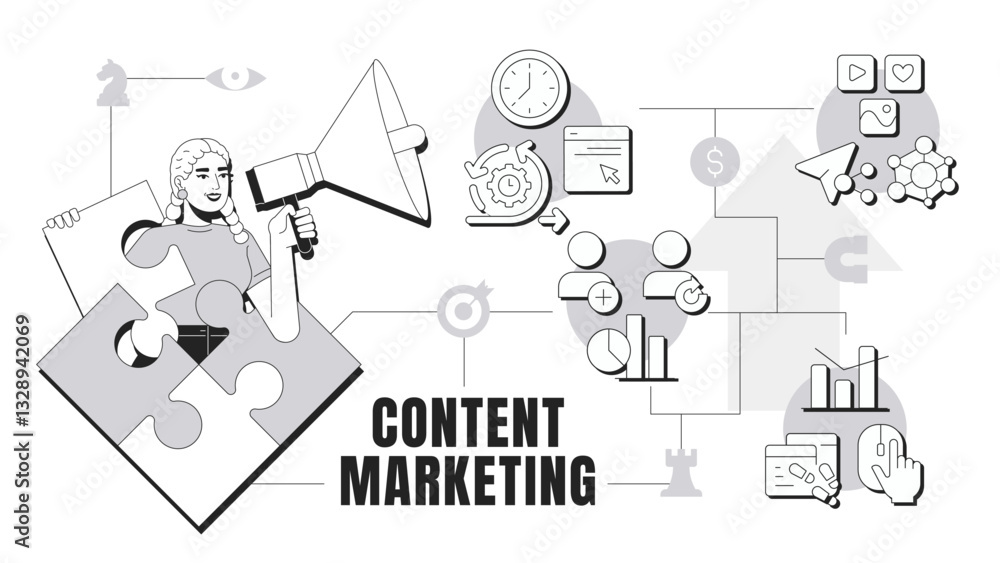 Fototapeta premium Content marketing banner conceptual illustration. Statistical metrics, charts. Customers, users. Social media, trends. Abstract idea with stylized character, outline icons. Monochrome vector