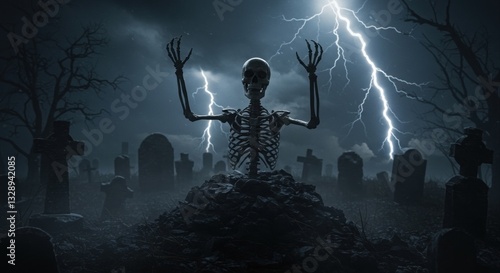 Skeleton rises from a grave in a stormy cemetery.