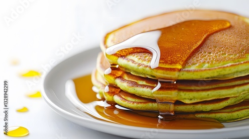 Stack of matcha pancakes drizzled with syrup creating a healthy breakfast concept that is both delicious and satisfying