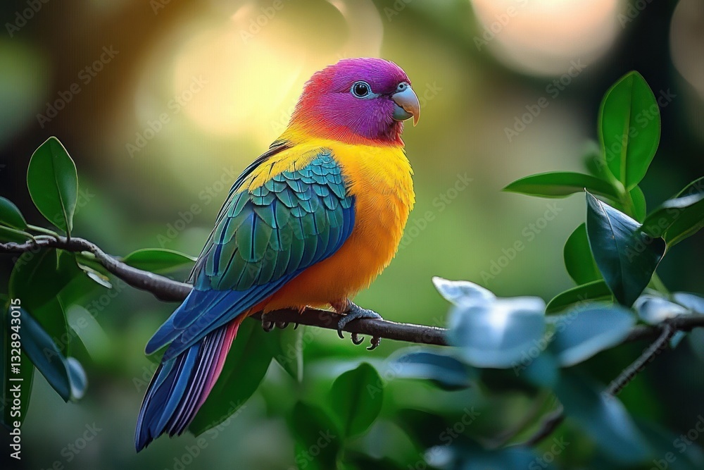 Obraz premium Vibrant Tropical Bird on Branch with Colorful Feathers in Sunlight