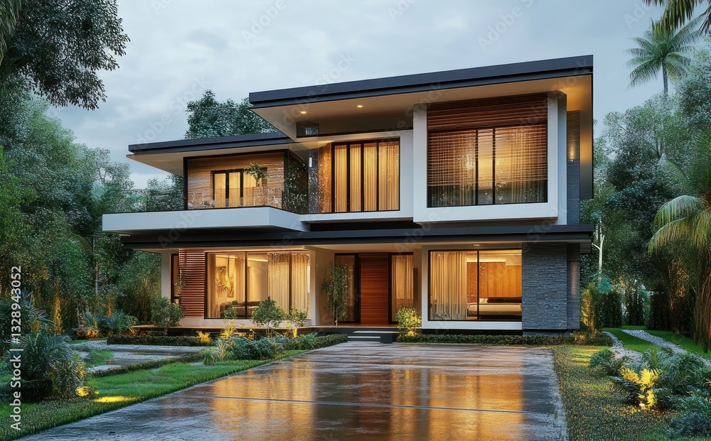 Fototapeta premium Modern Luxury Home with Contemporary Architecture Surrounded by Greenery