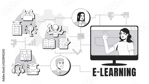 E learning banner conceptual illustration. Online education, modern technology. Studying plan. Webinar, elearning. Abstract idea with stylized characters, outline icons. Monochrome vector
