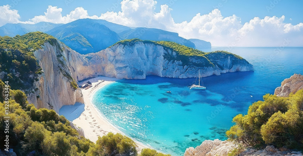 Fototapeta premium Secluded Beach with Turquoise Waters and Rugged Cliffs in Zakynthos Greece