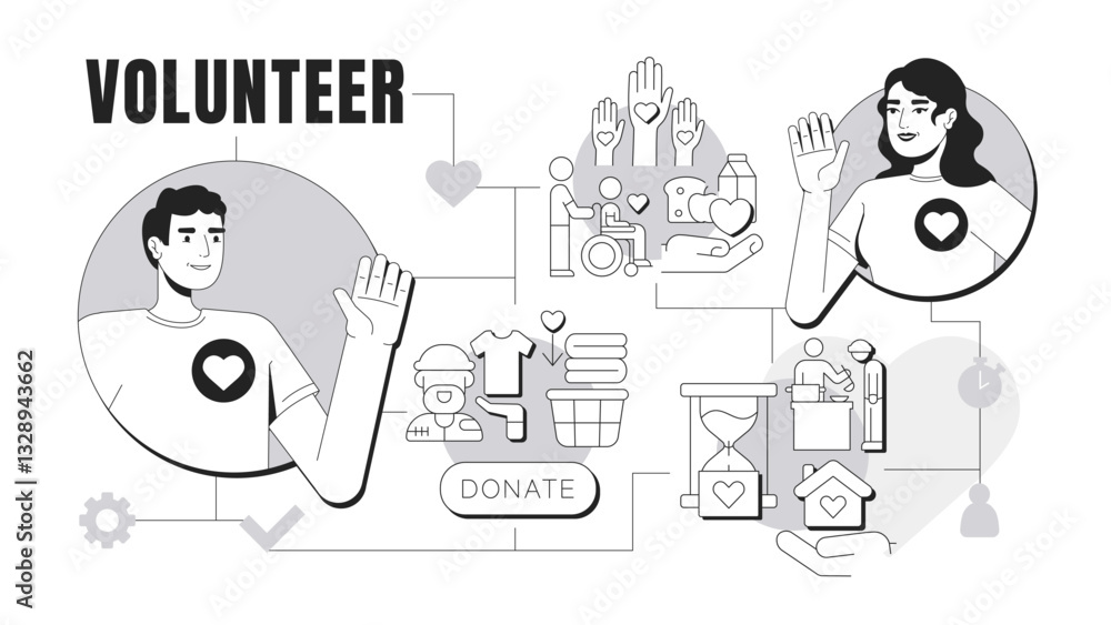 Naklejka premium Volunteer banner conceptual illustration. Food and clothes donation. Social workers. Society, community. Help, assistance. Abstract idea with stylized characters, outline icons. Monochrome vector