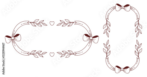 Vintage Coquette Frame with Bows and Ribbons with Plants Set. Romantic outline Girly Vibe. Vector illustration. Isolated Trendy ornate hand-drawn Template for decorative labels, birthday, invitations