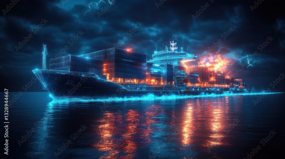 Fototapeta premium Futuristic Cargo Ship Glowing with Neon Wireframe Lines on Dark Ocean
