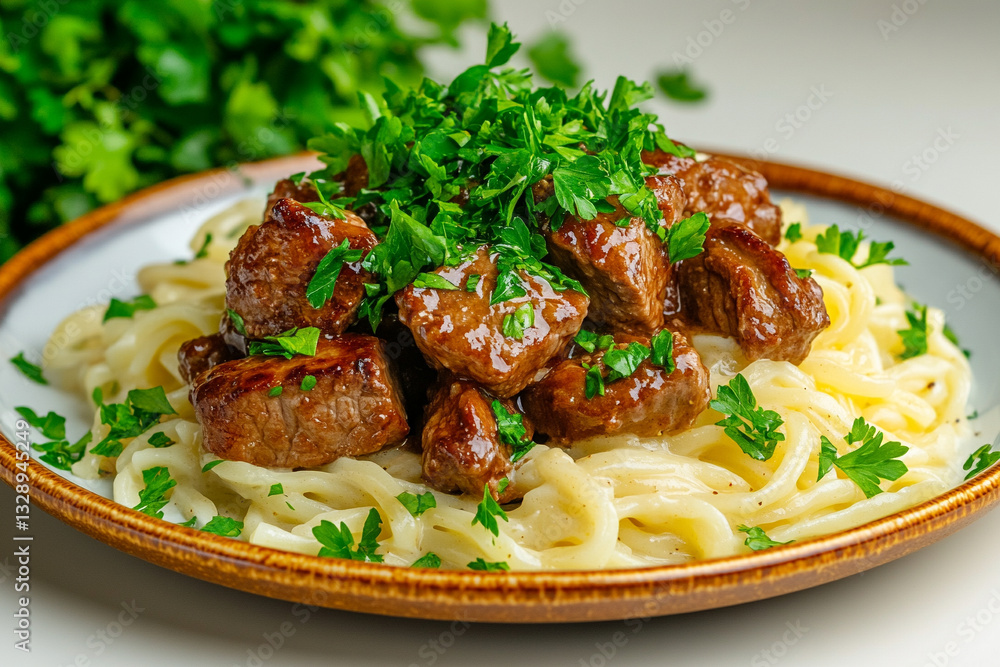 beef stroganoff with mushroom andlingon, a classic dish made of striploin beef, mushrooms, cream or bech reconaute sauce beef stroganoff with mushroom andlingon, a classic dish made of striploin beef, mushrooms, cream or bech reconaute sauce