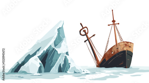 A digital illustration depicting a large iceberg partially submerged in the water next to a sinking, rusty ship. The iceberg is rendered with shades of blue and white, suggesting ice and snow.  The
