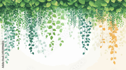 A digital illustration depicting a horizontal border of hanging leaves. The leaves are primarily green, transitioning to yellow on the right side, creating a gradient effect.  The leaves are
