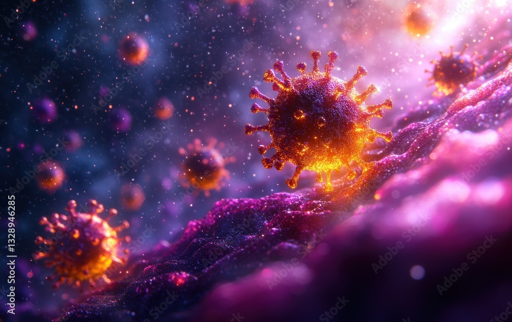 Fototapeta premium Close-Up Illustration of Virus Particles in Surrealist Style with Purple and Golden Yellow Palette