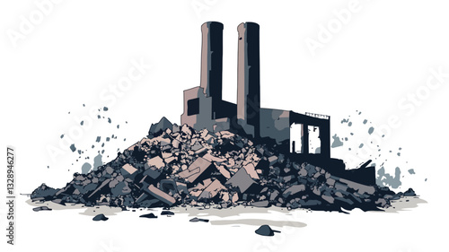 A stylized illustration depicting the remains of an industrial building buried under a pile of rubble.  The illustration is primarily rendered in shades of gray and black, with a limited color