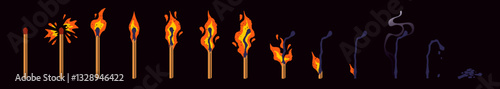Burning matchsticks set. Steps of matches combustion for animation. Sequence of sticks light with igniting, blazing, fire, flame, smoke, ash. Burnt wooden lighter. Flat isolated vector illustrations