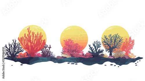 The image is a stylized illustration depicting three stylized suns or sun-like orbs in warm yellow and orange gradients.  Before each orb, there is a cluster of stylized coral in varying shades of