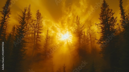 Golden sunrise through misty forest.