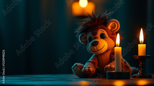 High-resolution stock photo, warm candlelight, rich deep teal tones, commercial quality, luxurious and vibrant feel, depicting a friendly jungle animal plush toy