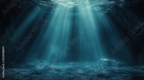 Surreal Underwater Scene with Beams of Light, Dark Moody Atmosphere, Detailed Textures and Soft Gradient Shading