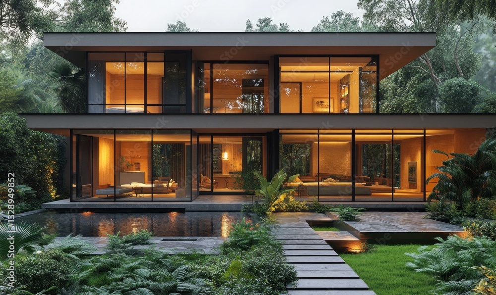 Fototapeta premium Modern Tropical House Surrounded by Lush Greenery in Warm Golden Hour Sunlight