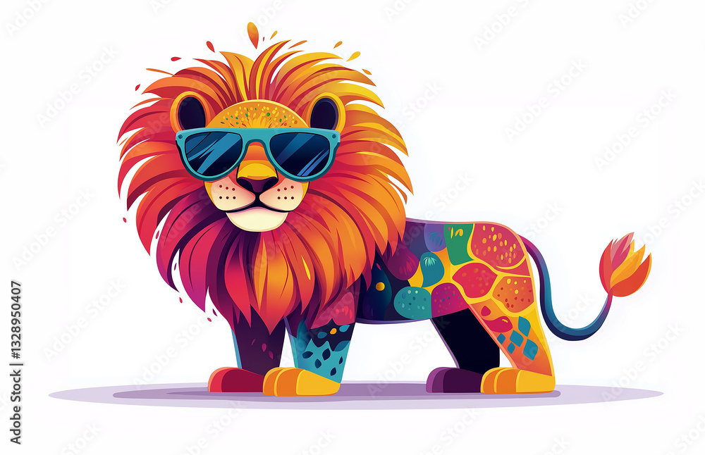 Fototapeta premium Cool Lion with Sunglasses Trendy Flat Vector Illustration