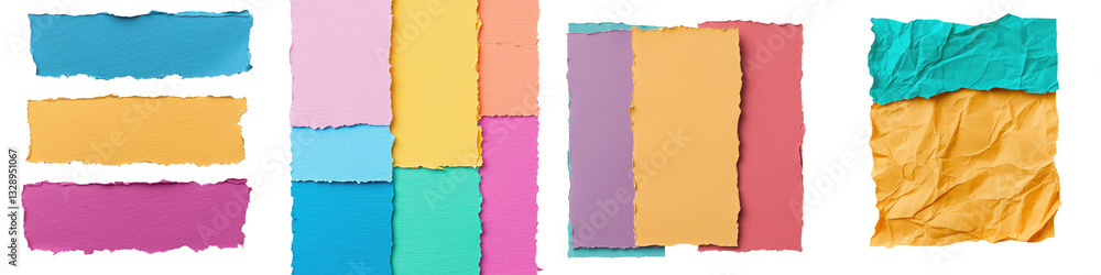 Energetic and imaginative abstract composition created with a dynamic arrangement of torn layered paper shapes in a variety of vibrant pastel colors and textures Energetic and imaginative abstract composition created with a dynamic arrangement of torn layered paper shapes in a variety of vibrant pastel colors and textures