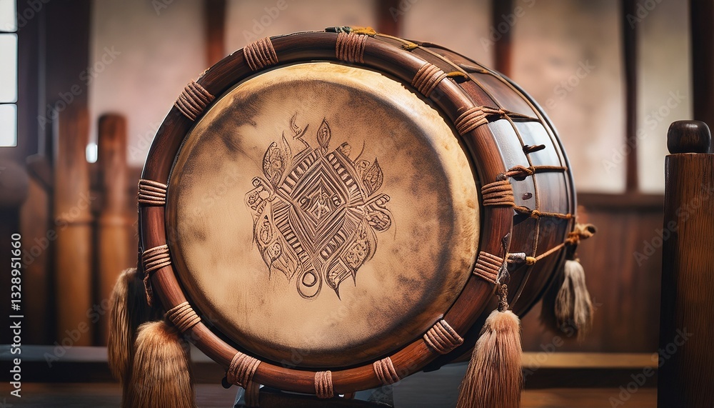 Naklejka premium An ancient ceremonial drum made from the hide of a sacred animal, stretched over a wooden frame, exuding spiritual power and cultural significance