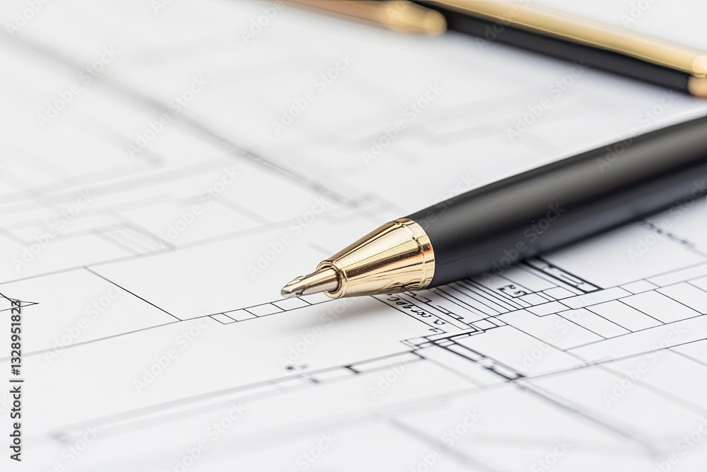 Architectural blueprints with a pen. Detailed design document, ready to be worked on, with a writing instrument on top Architectural blueprints with a pen. Detailed design document, ready to be worked on, with a writing instrument on top