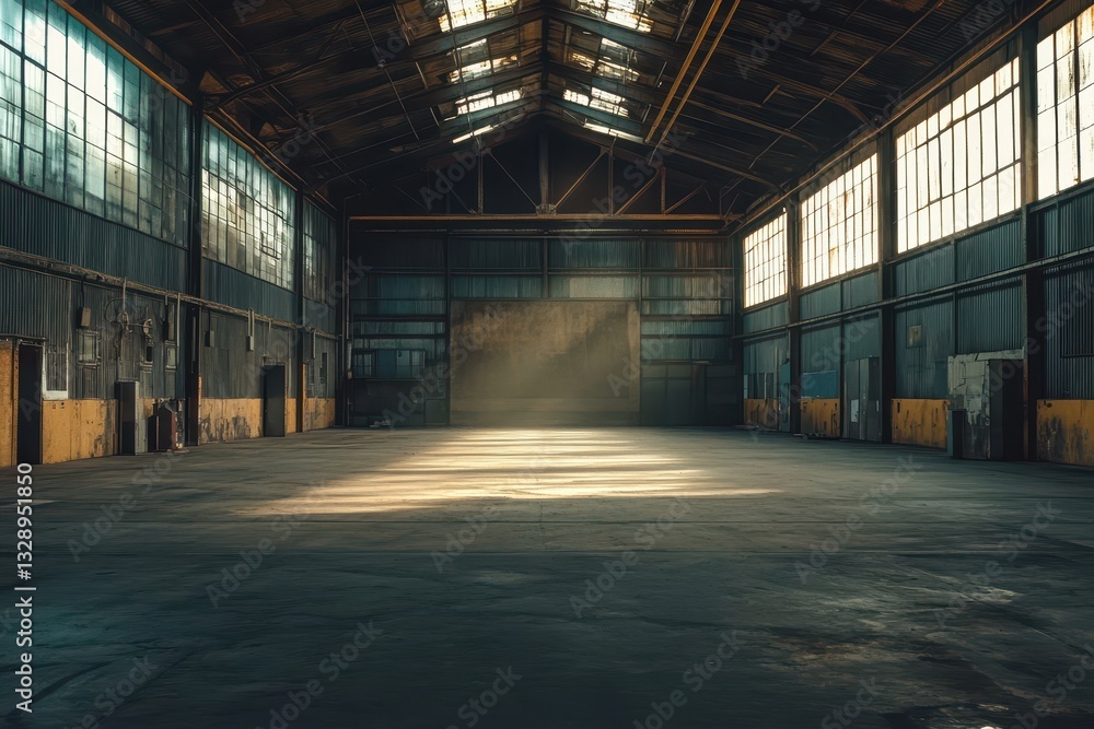 Vast, empty industrial warehouse with large windows. Perfect for concepts of abandonment, industry, or urban decay. Vast, empty industrial warehouse with large windows. Perfect for concepts of abandonment, industry, or urban decay.