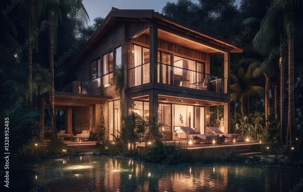 Obraz premium Modern Two-Story Luxury Tropical House with Warm Evening Lights and Detailed Textures
