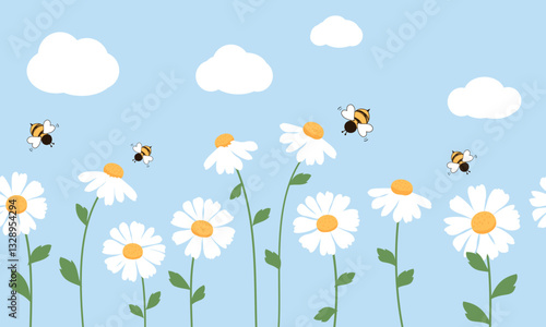 Seamless pattern with daisy flower, bee cartoons and white cloud on blue sky background vector.
