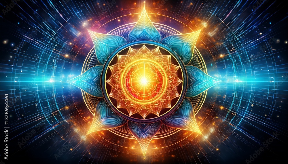Obraz premium An AI-driven chakra visualization, with dynamic energy waves flowing through a high-tech digital interface, blending technology and spiritual energy