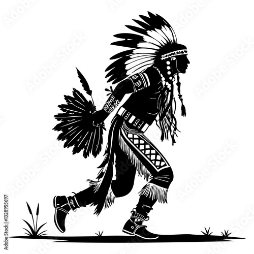 Tribal warrior in ceremonial attire with feathers
