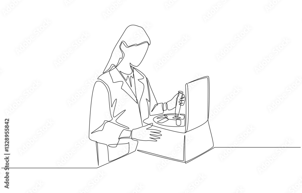 Continuous one line drawing of female scientist working at her lab using centrifuge machine for research, lab researcher concept, single line art Continuous one line drawing of female scientist working at her lab using centrifuge machine for research, lab researcher concept, single line art