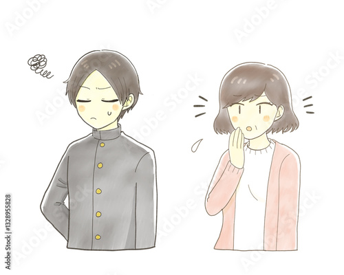 不機嫌そうな男子学生と不安そうなミドル女性
