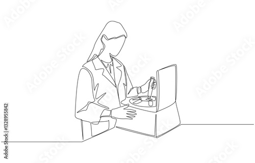 Continuous one line drawing of female scientist working at her lab using centrifuge machine for research, lab researcher concept, single line art