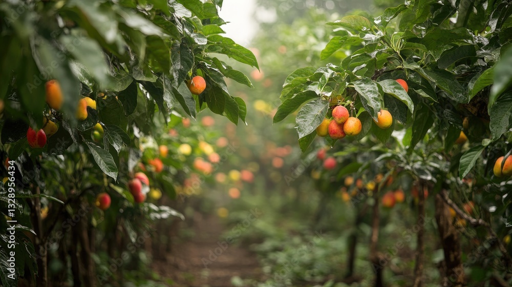 Lush Orchard Pathway with Ripening Fruits in Natural Landscape Lush Orchard Pathway with Ripening Fruits in Natural Landscape