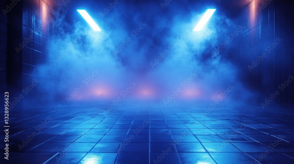 Obraz premium Foggy Cyberpunk Street with Blue Spotlight Beams and Glossy Tiled Floor